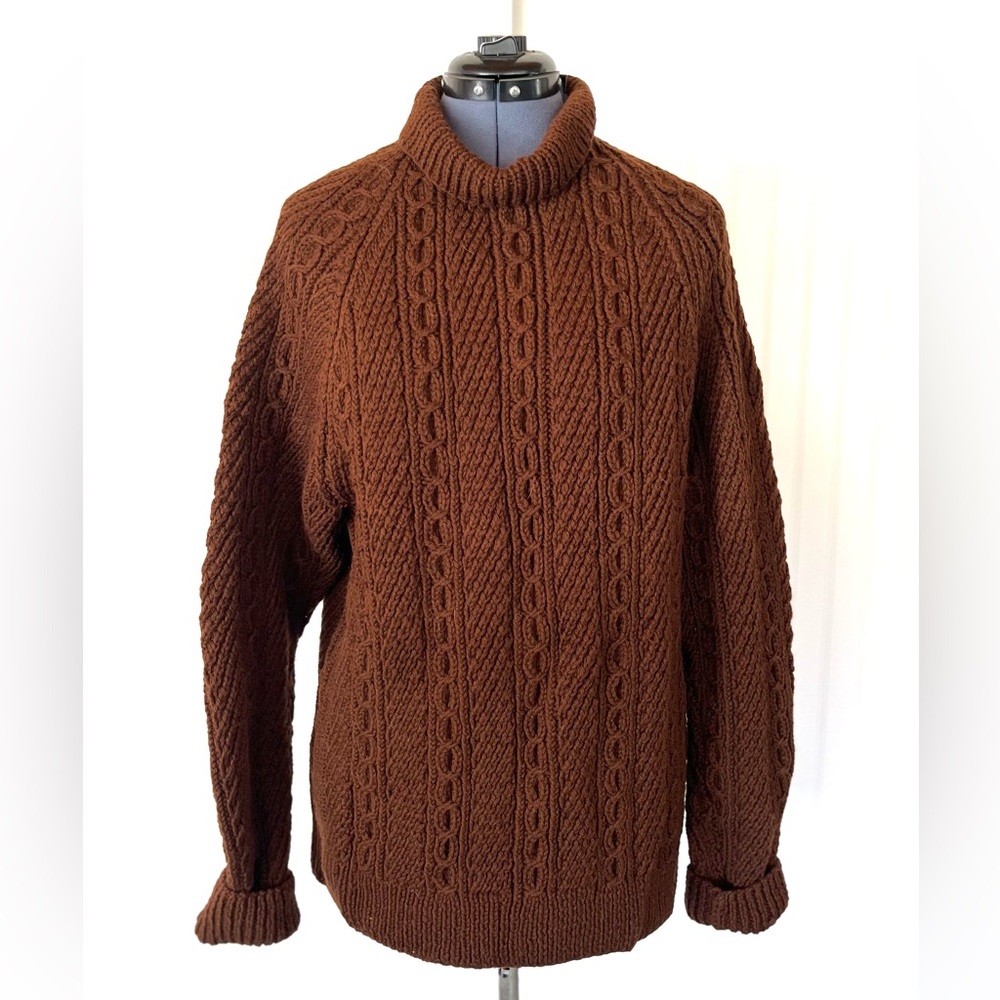 Vintage Chocolate Brown Cable Knit Turtleneck Sweater Size Large Cowl Handmade